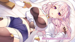 Rule 34 | 1girl, bed sheet, black gloves, black shirt, blue shorts, braid, breasts, brown thighhighs, center opening, cleavage, crop top, cropped jacket, end card, fingerless gloves, framed breasts, garter straps, gloves, hand up, highres, jacket, large breasts, long hair, long sleeves, looking at viewer, luna (ore dake haireru kakushi dungeon), lying, midriff, navel, official art, on back, open fly, open mouth, ore dake haireru kakushi dungeon, pointy ears, purple eyes, ringozaka mariko, shirt, short shorts, shorts, solo, thighhighs, undershirt, white hair, white jacket