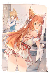 Rule 34 | 2girls, accidental exposure, animal ear fluff, animal ears, ass, bar (place), bare shoulders, black panties, blonde hair, blue eyes, blue vest, bottle, brown hair, cat ears, cleaning, cloth, counter, cup, dress, drinking glass, from behind, highres, leaning forward, leilin, long hair, looking back, low twintails, multiple girls, no tail, open mouth, original, panties, revision, ribbon, shirt, short dress, short twintails, sketch, smile, strapless, strapless dress, thighs, twintails, underwear, vest, white dress, white shirt, wiping
