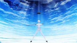 Rule 34 | 1other, androgynous, antarcticite, artist request, cloud, from behind, gem uniform (houseki no kuni), gloves, highres, houseki no kuni, ice, light rays, outdoors, scabbard, scenery, sheath, short hair, sky, solo, sunbeam, sunlight, sword, weapon, white hair