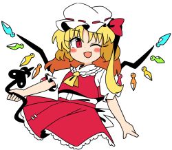 Rule 34 | 1girl, ;d, ascot, blonde hair, cropped legs, crystal, fang, flandre scarlet, hat, hat ribbon, holding, ini (inunabe00), laevatein (touhou), looking at viewer, medium hair, mob cap, one eye closed, one side up, open mouth, red eyes, red ribbon, red skirt, red vest, ribbon, shirt, short sleeves, simple background, skin fang, skirt, smile, solo, touhou, vest, white background, white hat, white shirt, wings, yellow ascot
