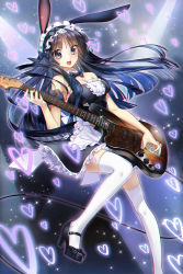 Rule 34 | 1girl, akiyama mio, animal ears, black eyes, black hair, bow, bowtie, detached collar, dress, gradient background, guitar, hat, high heels, instrument, k-on!, left-handed, long hair, maid, maid headdress, mary janes, mini hat, mini top hat, rabbit ears, shoes, spinel (9057), thighhighs, top hat, white thighhighs