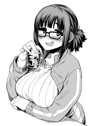 Rule 34 | 1girl, alcohol, blush, breast rest, breasts, drooling, drunk, fukumaaya, glass, glasses, greyscale, highres, jacket, large breasts, long hair, looking at viewer, monochrome, open mouth, original, ponytail, ribbed sweater, sidelocks, simple background, smile, solo, sweater, upper body, white background