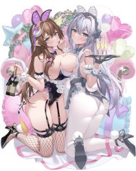 Rule 34 | 2girls, absurdres, animal ears, ass, asymmetrical docking, balloon, black footwear, black leotard, blush, bottle, bow, bowtie, breast press, breasts, brown hair, closed mouth, cow horns, cow tail, cup, detached collar, drinking glass, fake animal ears, fishnet thighhighs, fishnets, frilled pillow, frills, full body, garter straps, grey hair, hair between eyes, heart balloon, high heels, highres, holding, holding bottle, holding tray, horns, huge breasts, large breasts, leotard, long hair, looking at viewer, maid headdress, multiple girls, original, pantyhose, parted lips, pillow, playboy bunny, pom pom (clothes), rabbit ears, sg (satoumogumogu), sleeves past wrists, strapless, strapless leotard, tail, thighhighs, traditional bowtie, tray, very long hair, white leotard, white pantyhose