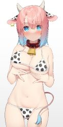 Rule 34 | 1girl, :o, animal ears, animal print, bell, bikini, blue eyes, blue hair, blush, breast lift, breasts, cleavage, collar, cow ears, cow horns, cow print, cow tail, cowbell, cowboy shot, go-1, gradient hair, grey background, groin, hair between eyes, horns, light blue hair, looking at viewer, medium breasts, multicolored hair, navel, original, parted lips, pink hair, pink tail, red collar, short hair, simple background, solo, stomach, swimsuit, tail