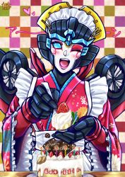 Rule 34 | 1girl, alternate costume, apron, autobot, blue eyes, breasts, cake, clothed robot, dessert, enmaided, food, fruit, highres, lipstick, maid, maid headdress, makeup, mecha girl, no humans, one eye closed, plate, robot, solo, strawberry, transformers, wa maid, windblade, windblade (transformers), wink