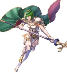 Rule 34 | 1girl, armor, belt, black thighhighs, boots, breastplate, cape, dithorba (fire emblem), dress, elbow gloves, female focus, fire emblem, fire emblem: genealogy of the holy war, fire emblem heroes, full body, gloves, gold trim, green eyes, green hair, high heels, highres, holding, holding polearm, holding spear, holding weapon, matching hair/eyes, nintendo, official art, polearm, short dress, short hair, shoulder armor, sleeveless, solo, spear, thigh boots, thighhighs, thighs, transparent background, turtleneck, weapon, white dress, white footwear, white gloves, yoneko okome99, zettai ryouiki
