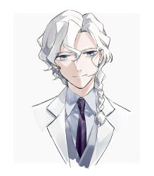 Rule 34 | 1boy, black necktie, border, closed mouth, collared shirt, commentary, cropped torso, fate/grand order, fate (series), grey background, grey eyes, grey vest, hair between eyes, highres, jacket, long hair, looking at viewer, low-braided long hair, low-tied long hair, male focus, marisbury animusphere, necktie, shirt, simple background, smile, solo, torijo, vest, white border, white hair, white jacket, white shirt