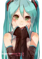 Rule 34 | 1girl, aqua hair, bare shoulders, black sleeves, blush, closed mouth, commentary request, detached sleeves, green eyes, grey shirt, hair between eyes, hair ornament, hands on own cheeks, hands on own face, hands up, hatsune miku, highres, lipstick, long hair, long sleeves, makeup, partial commentary, pink lips, shirt, smile, solo, takepon1123, twitter username, upper body, very long hair, vocaloid