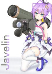 Rule 34 | 1girl, absurdres, aqua eyes, azur lane, blouse, bracelet, camisole, character name, cross hair ornament, crown, dress, fgm-148 javelin, genius 1237to, gloves, green eyes, hair ornament, high ponytail, highres, holding rocket launcher, holding weapon, javelin (azur lane), jewelry, medium hair, name connection, object namesake, ponytail, pun, purple hair, purple ribbon, retrofit (azur lane), ribbon, rocket launcher, sailor collar, shirt, simple background, single glove, solo, strappy heels, thighhighs, weapon, white background, white camisole, white dress, white thighhighs, wide ponytail