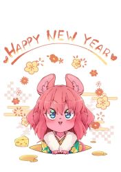 Rule 34 | 1girl, animal ears, blue eyes, cheese, floral print, food, fur trim, furry, furry female, green kimono, happy new year, highres, hole, japanese clothes, kimono, mouse ears, mouse girl (yuuki (yuyuki000)), mouse tail, new year, open mouth, original, peeking out, pink hair, print kimono, short hair, simple background, smile, solo, tail, white background, yuuki (yuyuki000)