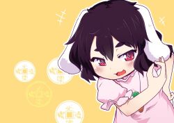 Rule 34 | +++, + +, 1girl, :3, :d, animal ears, black hair, blush, carrot necklace, dress, floppy ears, inaba tewi, jewelry, kanisawa yuuki, looking at viewer, necklace, open mouth, outline, petite, pink dress, rabbit ears, red eyes, short hair, simple background, smile, solo, touhou, upper body, white outline
