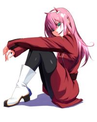 Rule 34 | 10s, 1girl, bad id, bad pixiv id, black pantyhose, boots, darling in the franxx, from side, green eyes, kuro (1968), long hair, looking at viewer, pantyhose, pink hair, simple background, sitting, solo, white background, white footwear, zero two (darling in the franxx)