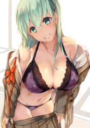 Rule 34 | 10s, 1girl, aqua eyes, aqua hair, armadillo-tokage, bad id, bad pixiv id, bra, breasts, cleavage, clothes pull, grin, hair ornament, head tilt, kantai collection, lace, lace-trimmed bra, lace-trimmed panties, lace trim, large breasts, leaning forward, long hair, navel, off shoulder, open clothes, open shirt, panties, purple bra, purple panties, shirt, skirt, skirt pull, smile, solo, suzuya (kancolle), sweat, underwear, undressing, unfinished