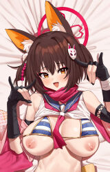 Rule 34 | 1girl, :d, ahoge, alternate breast size, animal ear fluff, animal ears, bare shoulders, bed sheet, bikini, black gloves, blue archive, blush, breasts, breasts out, brown eyes, brown hair, clothes lift, commentary request, dakimakura (medium), double fox shadow puppet, elbow gloves, eyeshadow, fang, feipin zhanshi, fingerless gloves, fox ears, fox girl, fox hair ornament, fox shadow puppet, gloves, hair between eyes, hair ornament, halo, highres, izuna (blue archive), large breasts, looking at viewer, lying, makeup, micro bikini, nipples, on back, open mouth, pink eyeshadow, pink scarf, pom pom (clothes), pom pom hair ornament, sailor collar, scarf, shirt lift, short hair, smile, solo, string bikini, striped bikini, striped clothes, swimsuit, upper body