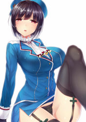 Rule 34 | 10s, 1girl, bad id, bad pixiv id, beret, black hair, black panties, black thighhighs, breasts, garter straps, gloves, hat, kantai collection, large breasts, looking at viewer, military, military uniform, open mouth, panties, personification, red eyes, short hair, solo, takao (kancolle), thighhighs, umeko (koori ume), underwear, uniform, wa sakaidera umeko, white background