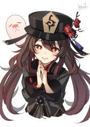 Rule 34 | 1girl, black coat, black hat, blush, brat (brabrabrat00), breasts, brown hair, coat, flower, genshin impact, ghost, hat, hat flower, highres, hu tao (genshin impact), long hair, long sleeves, looking at viewer, open mouth, plum blossoms, red eyes, small breasts, smile, solo, symbol-shaped pupils, twintails, very long hair