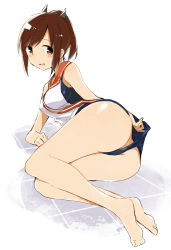 Rule 34 | 10s, 1girl, ass, brown eyes, brown hair, clothes pull, fuji-yama, full body, i-401 (kancolle), kantai collection, lying, on side, one-piece swimsuit pull, personification, ponytail, sailor collar, school swimsuit, short hair, swimsuit