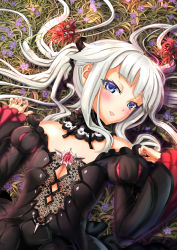 Rule 34 | 1girl, bare shoulders, bishoujo mangekyou, blue eyes, blush, breasts, chen bingyou, cleavage, flower, gothic lolita, highres, kagarino kirie, lolita fashion, long hair, looking at viewer, lying, on back, silver hair, smile, solo, twintails, vampire