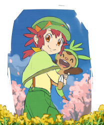 Rule 34 | 1girl, ^ ^, ^o^, aono wo, bad id, bad pixiv id, brown eyes, capelet, chespin, closed eyes, creatures (company), game freak, gen 6 pokemon, green capelet, green headwear, green pants, hat, looking at viewer, mairin (pokemon), nintendo, pants, pokemon, pokemon (anime), pokemon (creature), pokemon xy (anime), ponytail, red hair, smile, suspenders