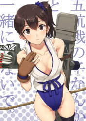 Rule 34 | 10s, 1girl, arrow (projectile), aya shachou, bare shoulders, black thighhighs, blush, body blush, bow (weapon), breasts, brown gloves, brown hair, cleavage, collarbone, expressionless, female focus, fingerless gloves, fingernails, gloves, hair between eyes, hand on own chest, highleg, highres, hip focus, holding, japanese clothes, kaga (kancolle), kantai collection, looking at viewer, partially fingerless gloves, partly fingerless gloves, personification, scrunchie, shiny skin, short hair, side ponytail, small breasts, solo, standing, text focus, thigh gap, thighhighs, thighs, translation request, weapon, yugake