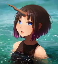 Rule 34 | 1girl, :d, absurdres, black one-piece swimsuit, blue eyes, brown hair, elma (maidragon), hanr10, highres, horns, kobayashi-san chi no maidragon, one-piece swimsuit, open mouth, purple hair, single horn, smile, solo, swimsuit, water