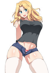 Rule 34 | 10s, 1girl, :d, arms behind back, bare arms, bare shoulders, black tank top, blush, breasts, covered erect nipples, cowboy shot, denim, denim shorts, girls und panzer, gluteal fold, head tilt, highres, kay (girls und panzer), large breasts, legs apart, long hair, looking at viewer, muchabou, navel, open fly, open mouth, panties, parted bangs, shiny skin, short shorts, shorts, simple background, skindentation, sleeveless, smile, solo, standing, stomach, striped clothes, striped panties, tank top, thighhighs, unbuttoned, underwear, unzipped, wavy hair, white background, white thighhighs