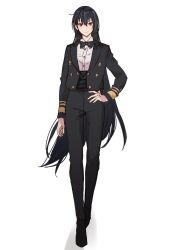 Rule 34 | 1girl, alternate costume, black bow, black bowtie, black footwear, black hair, black jacket, black pants, bow, bowtie, breasts, closed mouth, collared shirt, full body, hair between eyes, hand on own hip, highres, jacket, kantai collection, kasumi (skchkko), long hair, long sleeves, looking at viewer, medium breasts, nagato (kancolle), open clothes, open jacket, pants, red eyes, shirt, simple background, solo, standing, very long hair, white background, white shirt