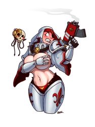Rule 34 | 1girl, 1other, adepta sororitas, armor, black lips, blazbaros, blush, blush stickers, bolt pistol, breasts, constricted pupils, covering privates, covering breasts, cropped legs, embarrassed, eyepatch, fang, gauntlets, gun, habit, highres, huge breasts, navel, no bra, one-eyed, orders hospitaller, panties, pantyshot, pauldrons, servitor, shoulder armor, smoke, smoking barrel, solo focus, torn clothes, underwear, warhammer 40k, weapon
