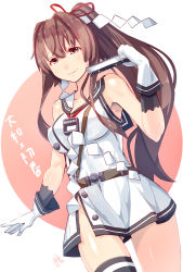 Rule 34 | 1girl, alternate costume, bad id, bad pixiv id, bare shoulders, breasts, brown eyes, brown hair, cosplay, dress, female focus, folded fan, folding fan, gloves, hair between eyes, hair ornament, hair ribbon, hand fan, hatsuharu (kancolle), hatsuharu (kancolle) (cosplay), kantai collection, large breasts, long hair, looking at viewer, meth (emethmeth), ponytail, ribbon, sailor dress, school uniform, shide, simple background, single thighhigh, skirt, smile, solo, thighhighs, translation request, very long hair, white gloves, yamato (kancolle)