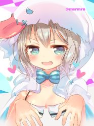 Rule 34 | 1girl, aoba moca, bad id, bad pixiv id, bang dream!, blue bow, blue bowtie, blue eyes, blush, bow, bowtie, breasts, cleavage, collarbone, commentary request, ghost costume, ghost pose, grey hair, heart, hood, hood up, looking at viewer, mashiro miru, medium breasts, open mouth, short hair, smile, solo, striped bow, striped bowtie, striped clothes, striped neckwear, tongue, tongue out, twitter username, upper body, v-shaped eyebrows, wavy mouth