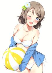 Rule 34 | 1girl, ;d, absurdres, ball, beachball, bikini, blue eyes, blush, breasts, cleavage, cowboy shot, flower, hair flower, hair ornament, halterneck, highres, light brown hair, looking at viewer, love live!, love live! sunshine!!, medium breasts, off shoulder, one eye closed, open mouth, sankuro (agoitei), scan, short hair, side-tie bikini bottom, simple background, sleeves past wrists, smile, solo, stomach, swept bangs, swimsuit, thigh gap, thighs, watanabe you, white background, white bikini