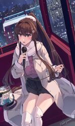 Rule 34 | 1girl, alternate costume, black skirt, boots, breasts, brown hair, cherry blossoms, coat, flower, grey coat, hair flower, hair intakes, hair ornament, highres, himeyamato, holding, holding microphone, kantai collection, large breasts, long coat, long hair, long sleeves, microphone, miniskirt, pink scarf, ponytail, purple sweater, red eyes, scarf, sidelocks, sitting, skirt, sweater, thigh boots, very long hair, white footwear, yamato (kancolle)