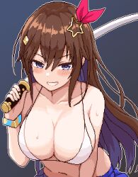 Rule 34 | 1girl, alternate breast size, bikini, blue background, blue eyes, blush stickers, breasts, brown hair, cleavage, collarbone, grin, hair between eyes, hololive, katana, large breasts, long hair, pixel art, simple background, smile, solo, swimsuit, sword, tokino sora, upper body, virtual youtuber, weapon, zou eita
