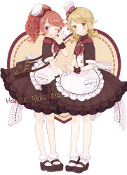 Rule 34 | 2girls, ;d, apron, bag, black footwear, blush stickers, bobby socks, bow, brown dress, brown eyes, brown hair, character request, closed mouth, dress, earrings, enu (roco roco44), frilled apron, frills, happy valentine, hat, heart, high ponytail, idolmaster, idolmaster cinderella girls, jewelry, light brown hair, mary janes, mini hat, morikubo nono, multiple girls, ok sign, one eye closed, open mouth, ponytail, ringlets, shoes, shoulder bag, smile, socks, standing, striped clothes, striped dress, tilted headwear, vertical-striped clothes, vertical-striped dress, waist apron, wavy mouth, white apron, white background, white bow, white headwear, white legwear, wrist cuffs