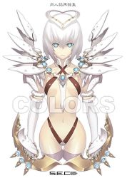 Rule 34 | 1girl, armor, blue eyes, colors (s.e.c), elbow gloves, flat chest, gloves, groin, hair ornament, halo, nagi ryou, navel, original, short hair, simple background, solo, strap, symbol-shaped pupils, thigh gap, thighhighs, thighs, weapon, white hair