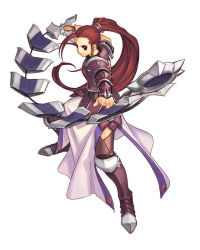 Rule 34 | 1girl, angry, armor, armored dress, atelier (series), atelier iris, atelier iris eternal mana, boots, brown eyes, dress, female focus, fighting stance, foreshortening, frown, futaba jun, gust, knee boots, legs apart, long hair, looking at viewer, marietta lixiss, official art, outstretched arms, ponytail, red hair, scrunchie, sidelocks, simple background, solo, standing, sword, thigh boots, thighhighs, very long hair, weapon, whip sword, white background, zettai ryouiki