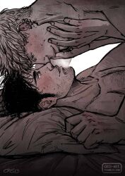 Rule 34 | 2boys, bad id, bad tumblr id, bara, beard stubble, black hair, blonde hair, chest hair, couple, cris art, eye contact, facial hair, from side, hand on another&#039;s cheek, hand on another&#039;s face, hulkling, imminent kiss, intertwined hair, long sideburns, looking at another, lying, male focus, marvel, multiple boys, mustache stubble, noses touching, nude, on back, on bed, pectorals, short hair, sideburns, spot color, stubble, sweat, thick eyebrows, upper body, very sweaty, wiccan, yaoi