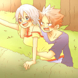 Rule 34 | 1boy, 1girl, annoyed, arm support, arm up, bare shoulders, blue eyes, blush, breasts, collarbone, couple, day, facing another, facing away, fairy tail, fangs, grass, hair between eyes, hand up, happy, hetero, holding, lifting person, lisanna strauss, looking ahead, looking at another, looking to the side, lowres, medium breasts, multicolored clothes, multicolored shirt, natsu dragneel, off shoulder, off shoulder shirt, open mouth, outdoors, pink hair, pointing, purple shirt, puuma (pixiv1277374), red shirt, shirt, short hair, short sleeves, shouting, smile, spiked hair, standing, sweat, sweatdrop, t-shirt, teeth, tongue, tree, upper body, white hair, worried, yellow eyes, yellow shirt