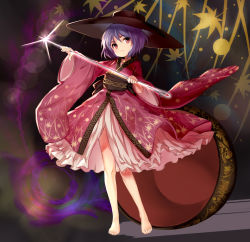 Rule 34 | 1girl, barefoot, bowl, bowl hat, closed mouth, dress, ehart, frilled skirt, frills, full body, hat, holding, japanese clothes, kimono, light purple hair, long sleeves, looking at viewer, mini person, minigirl, needle, obi, object on head, purple hair, red eyes, sash, short hair, skirt, solo, sparkle, sukuna shinmyoumaru, tiptoes, touhou, wide sleeves
