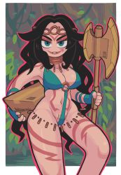 Rule 34 | 1girl, amazon (company), amazon warrior, armpits, bikini, black hair, bodypaint, breasts, circlet, commentary, covered erect nipples, cowboy shot, crotch, english commentary, facepaint, female pubic hair, gashi-gashi, gluteal fold, green eyes, highres, jewelry, long hair, looking at viewer, medium breasts, navel, necklace, o-ring, o-ring top, original, parted lips, personification, pubic hair, pubic hair peek, solo, swimsuit, thighs, wavy hair