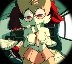 Rule 34 | 1girl, animal ears, animated, animated gif, artist name, bespectacled, black-framed eyewear, blush, braixen, breast hold, breasts, chair, classroom, creatures (company), curtains, desk, diives, female focus, fisheye, fox ears, fox tail, furry, furry female, game freak, gen 6 pokemon, glasses, grabbing own breast, half-closed eyes, hands up, indoors, kneeling, legs apart, looking down, lowres, medium breasts, necktie, nintendo, open mouth, patreon logo, pink necktie, pink skirt, pleated skirt, poke ball, pokemon, pokemon (creature), pokemon xy, red eyes, school, school uniform, shirt, short sleeves, skirt, solo, tail, text focus, watermark, web address, white shirt, window