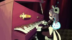 Rule 34 | 1girl, animated, apron, bloody marie (skullgirls), bow, bowing, brooch, closed eyes, dress, fire, frilled apron, frilled dress, frills, grey hair, hair ornament, instrument, jewelry, juliet sleeves, kuroirozuki, long sleeves, maid headdress, music, piano, playing instrument, playing piano, puffy sleeves, red eyes, sitting, skull hair ornament, skull heart, skullgirls, smile, solo, sound, twintails, video
