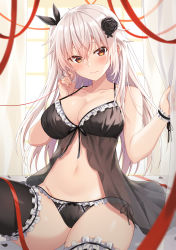 Rule 34 | 1girl, 3:, babydoll, bare arms, bare shoulders, black panties, black thighhighs, breasts, cleavage, closed mouth, collarbone, etna (kuzuyu), flower, frilled panties, frilled thighhighs, frills, groin, hair flower, hair ornament, hair ribbon, twirling hair, hand up, highres, komori kuzuyu, large breasts, lingerie, long hair, looking at viewer, navel, one side up, original, panties, red eyes, red ribbon, ribbon, see-through, side-tie panties, silver hair, solo, spaghetti strap, stomach, string, string of fate, thighhighs, thighs, underwear, underwear only, wrist cuffs
