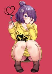 Rule 34 | 1girl, absurdres, black socks, blush, breasts, cleavage, closed mouth, fate/grand order, fate (series), hair bun, hand on own face, heart, highres, holding, holding paintbrush, hood, hoodie, katsushika hokusai (fate), large breasts, looking at viewer, paintbrush, purple eyes, purple hair, short hair, single hair bun, smile, socks, solo, squatting, yellow hoodie, zet (twt zet)