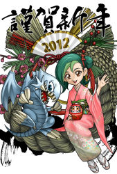 Rule 34 | 10s, 1girl, 2012, blue-eyes toon dragon, blue-eyes white dragon, daruma doll, duel monster, green hair, highres, mizuki kotori (yu-gi-oh!), multicolored hair, new year, sandals, shimekazari, smile, suyu38, two-tone hair, waving, yu-gi-oh!, yu-gi-oh! zexal, yuu-gi-ou, yuu-gi-ou zexal