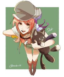 Rule 34 | 1girl, bent over, boots, breasts, brown eyes, cabbie hat, character name, collarbone, eyebrows, female focus, full body, green skirt, hat, highres, holding, holding stuffed toy, jewelry, knee boots, legs, looking at viewer, medium hair, miniskirt, misaki shiki, necklace, nyantan, open mouth, red hair, skirt, sleeveless, sleeveless jacket, smile, solo, stuffed animal, stuffed cat, stuffed toy, subarashiki kono sekai, wristband