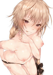 Rule 34 | 1girl, absurdres, adjusting clothes, adjusting panties, arm between breasts, bad id, bad pixiv id, between breasts, black panties, blonde hair, blush, braid, breasts, fate/apocrypha, fate (series), from above, highres, hplay, jeanne d&#039;arc (fate), jeanne d&#039;arc (ruler) (fate), licking lips, long hair, medium breasts, nipples, panties, revision, single braid, solo, tongue, tongue out, topless, underwear, yellow eyes