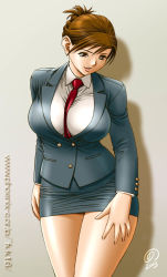 Rule 34 | 1girl, between breasts, blazer, breasts, brown eyes, brown hair, business suit, curvy, formal, highres, hip focus, huge breasts, impossible clothes, jacket, large breasts, legs, minidress, miniskirt, necktie, pencil skirt, short hair, signature, skirt, skirt suit, solo, standing, suit, tatsunami youtoku, teacher, thick thighs, thighs, wide hips