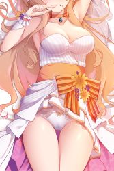 Rule 34 | 1girl, armpits, arms up, bed sheet, blush, bow, bow panties, breasts, bridal veil, cameltoe, choker, cleavage, collarbone, commentary, dakimakura (medium), dress, english commentary, finger to mouth, flower, fnc (girls&#039; frontline), fnc (strawberry cake &amp; garden cosmos) (girls&#039; frontline), food, food on face, girls&#039; frontline, gluteal fold, head out of frame, highres, long hair, lying, medium breasts, official alternate costume, on back, orange bow, orange flower, orange hair, panties, parted lips, solo, thigh gap, thighs, underwear, veil, wedding dress, white dress, white panties, wrist cuffs, z.taiga