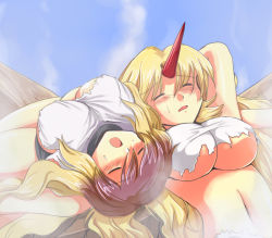 Rule 34 | 2girls, alternate costume, arms behind head, arms up, blonde hair, blush, breasts, cleavage, day, covered erect nipples, closed eyes, female focus, flx, frown, gradient hair, gym shorts, gym uniform, hijiri byakuren, horns, hoshiguma yuugi, impossible clothes, impossible shirt, large breasts, legs, long hair, lying, midriff, multicolored hair, multiple girls, navel, on back, open mouth, outdoors, purple hair, shirt, shorts, single horn, sky, sweatdrop, taut clothes, taut shirt, thighs, torn clothes, torn shirt, touhou, underboob